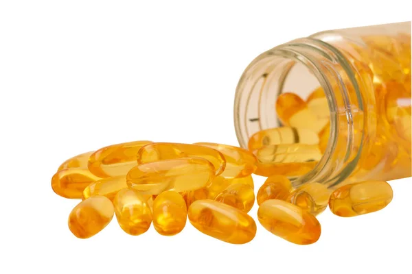 Fish Oil Omega Vitamin Capsules Glass Bottle White Background Isolatr — Foto de Stock