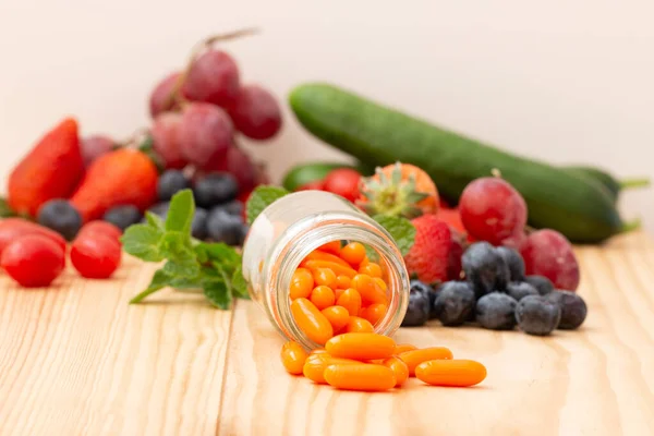 Viitamins Supplements Glass Bottle Wooden Table Variety Fruit — Foto de Stock