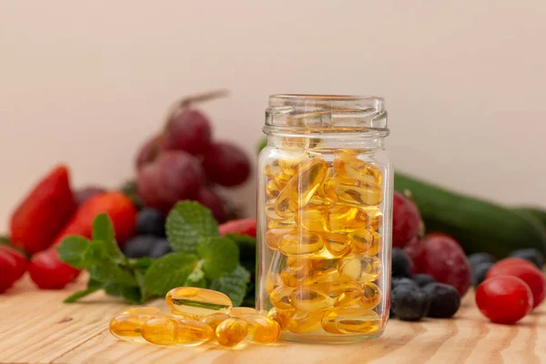 Fish Oil Omega Vitamin Dcapsules Glass Bottle Wooden Table Variety — Stockfoto