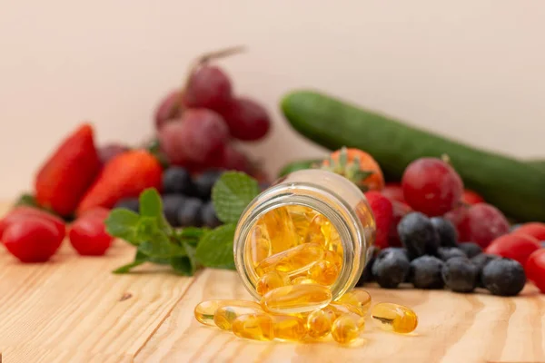 Fish Oil Omega Vitamin Dcapsules Glass Bottle Wooden Table Variety Images De Stock Libres De Droits