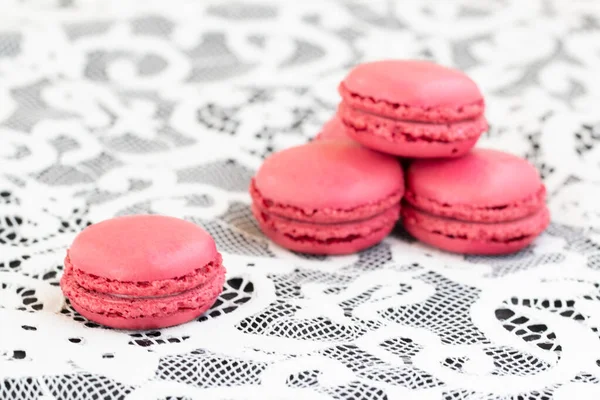 Close Red Macarons White Lace Background — Stock Photo, Image