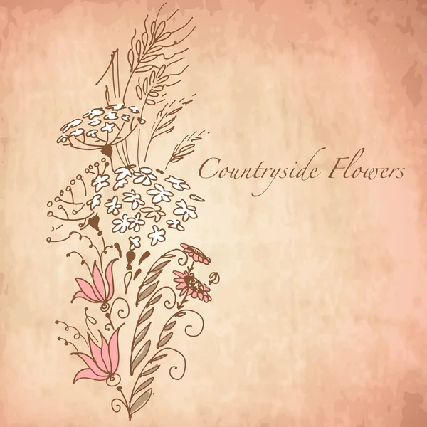 Fleurs de campagne, carte de vœux avec fleurs dessinées à la main — Image vectorielle