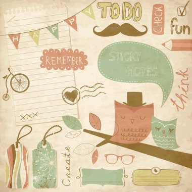 Vintage scrapbook elemanları, yapışkan notlar