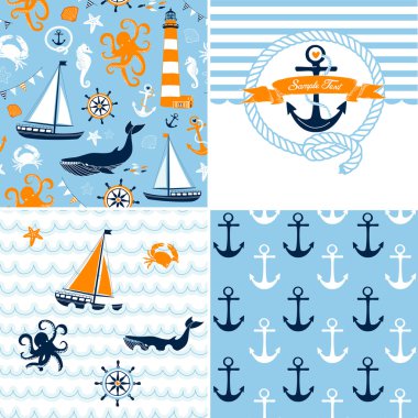 4 deniz arka planlar, mavi, kırmızı ve beyaz sorunsuz desenleri