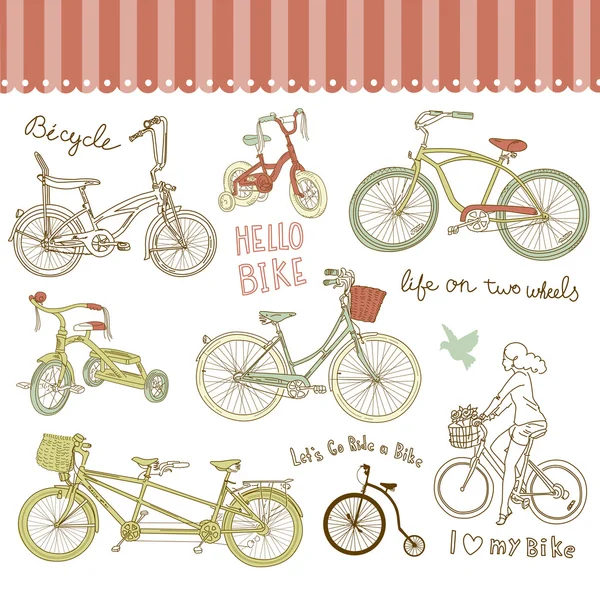 Vintage fiets set en een mooi meisje met een fiets — Stockvector