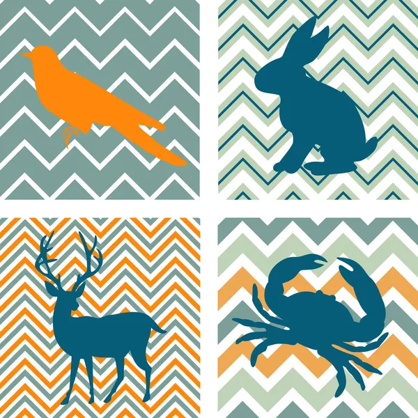 Un ensemble de 4 motifs rétro sans couture et 4 silhouettes d'animaux — Image vectorielle