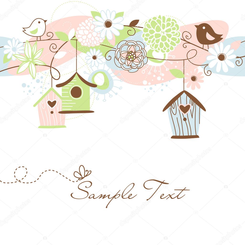 Beautiful Floral background with bird houses, birds and flowers