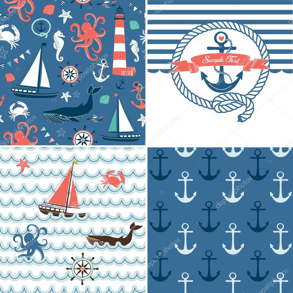 A set of 4 unique nautical backgrounds. Blue, Red and White seamless patterns