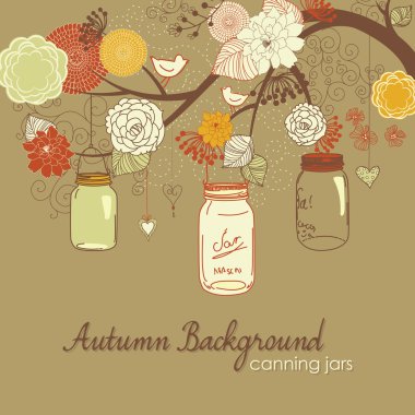 Floral Autumn background. Glass jars hanging from the brunch clipart
