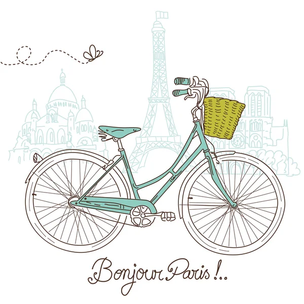 Montar en bicicleta con estilo, postal romántica de París — Vector de stock