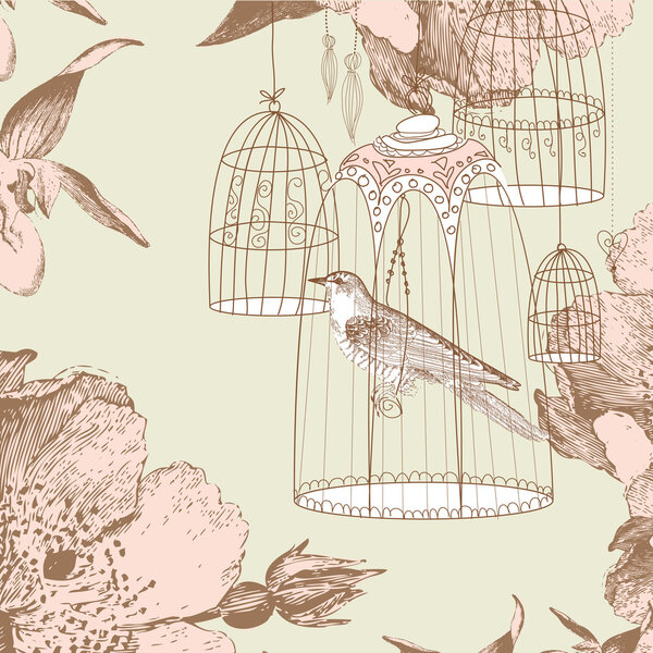 винтажная карта с птицей в клетке