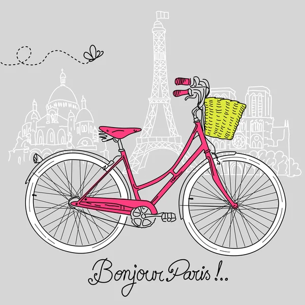 Andar de bicicleta em grande estilo, cartão postal romântico de Paris — Vetor de Stock