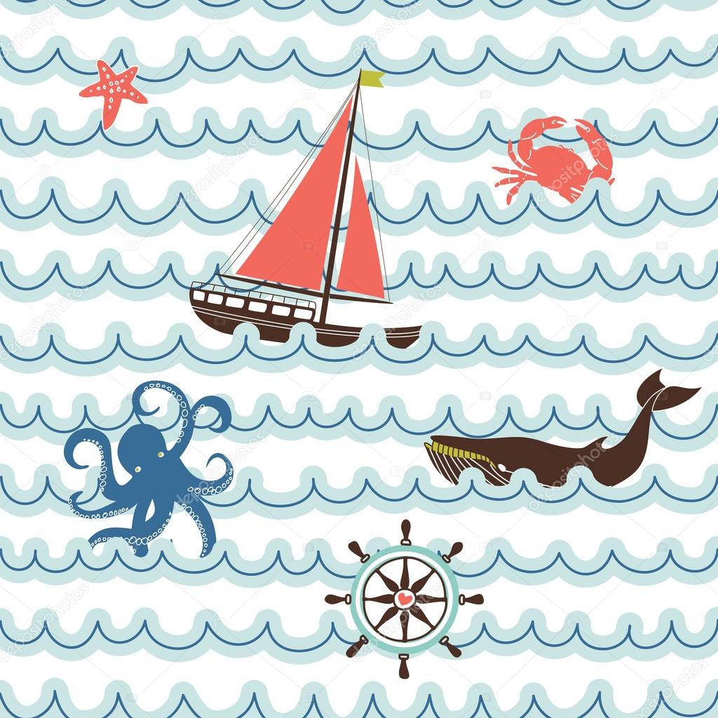 Seamless wave pattern with nautical symbols
