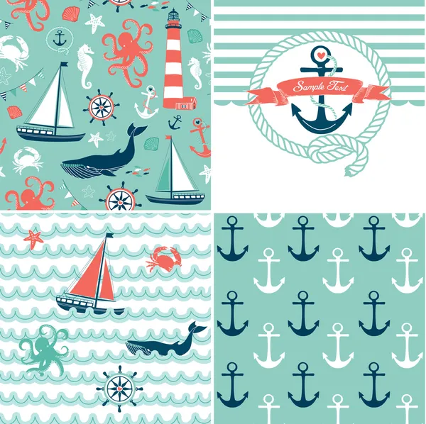 A set of 4 nautical backgrounds, blue, red and white seamless patterns — Stock Vector