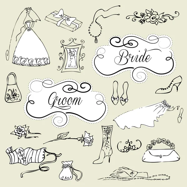 Conjunto de casamento de doodles e quadros glamourosos bonitos — Vetor de Stock