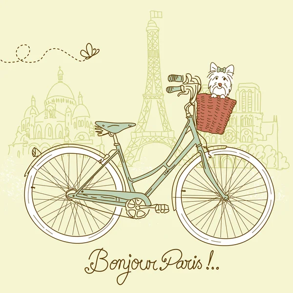 Montar en bicicleta con estilo, postal romántica de París — Vector de stock