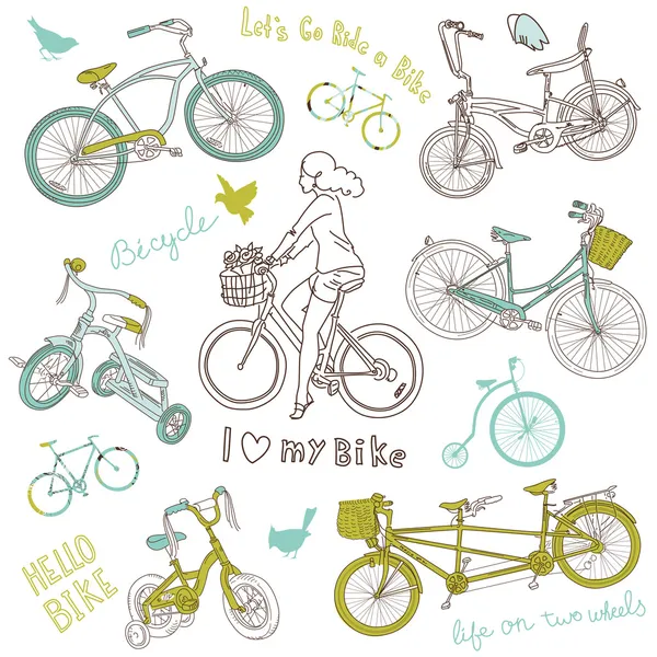 Set di biciclette vintage e una bella ragazza in bicicletta — Vettoriale Stock