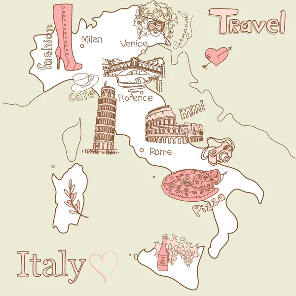 Creative map of Italy, all the best tourist attractions — Stock Vector