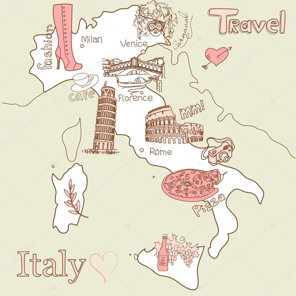 Creative map of Italy, all the best tourist attractions