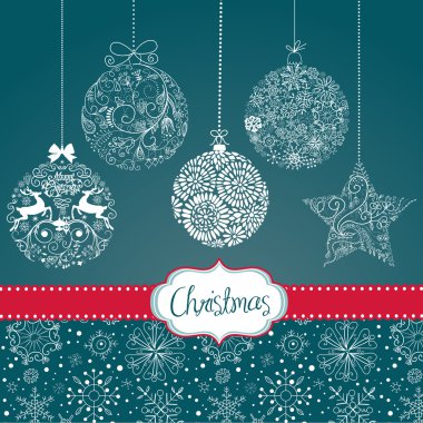 mavi ve beyaz Noel süsler. kart şablonu