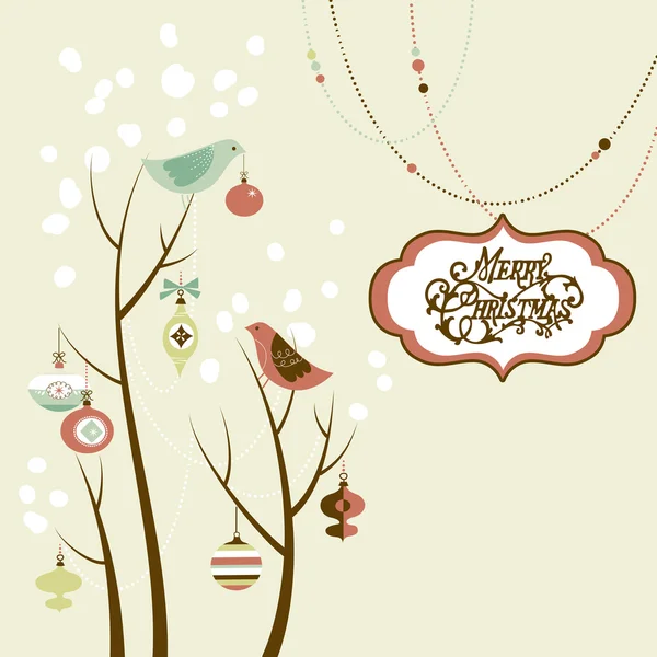 Ρετρό Χριστουγεννιάτικη κάρτα με δύο πουλιά, λευκά νιφάδες χιονιού, χειμώνας και δέντρα και στολίδια — Διανυσματικό Αρχείο