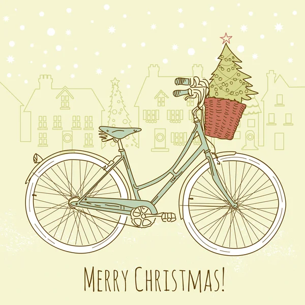 Катание на велосипеде в стиле, рождественская открытка — стоковый вектор