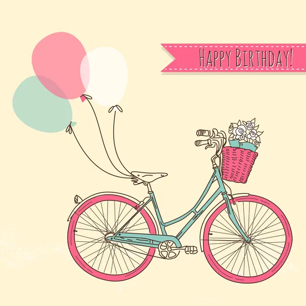 Bicicleta con globos y una cesta llena de flores, Tarjeta romántica de cumpleaños — Archivo Imágenes Vectoriales