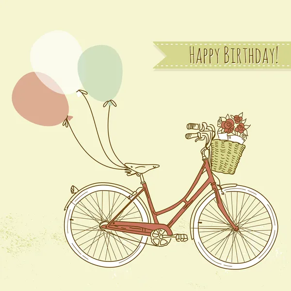 Bicycle with balloons and a basket full of flowers, Romantic Birthday card — Stock Vector