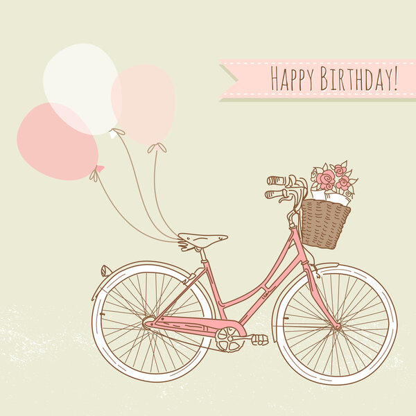 Bicycle with balloons and a basket full of flowers, Romantic Birthday card