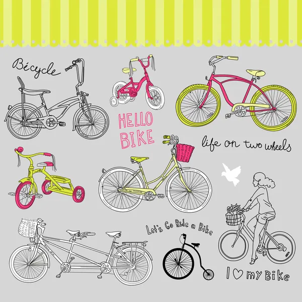 老式自行车集和一个美丽的女孩骑一辆自行车 — 图库矢量图片