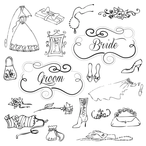 Wedding set of cute glamorous doodles and frames — Stock Vector