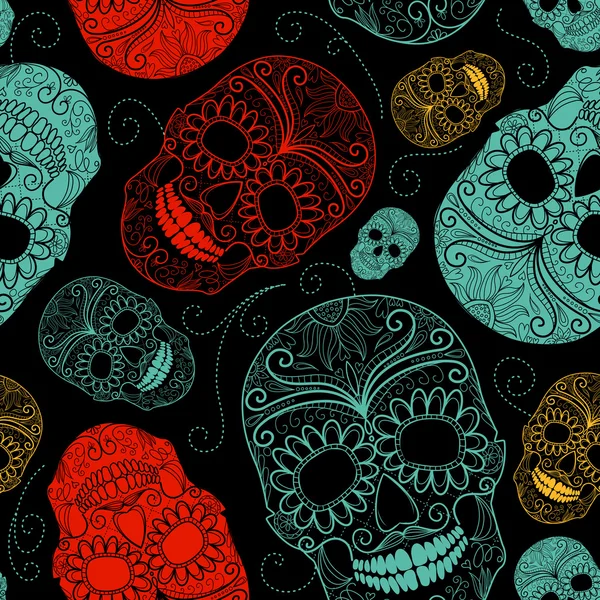 Fondo azul, negro y rojo sin costuras con calaveras — Vector de stock