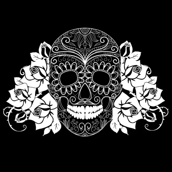 Calavera y rosas, tarjeta del Día de los Muertos en blanco y negro — Vector de stock