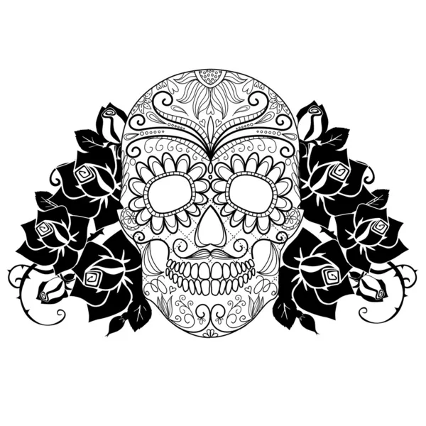 Calavera y rosas, tarjeta del Día de los Muertos en blanco y negro — Vector de stock