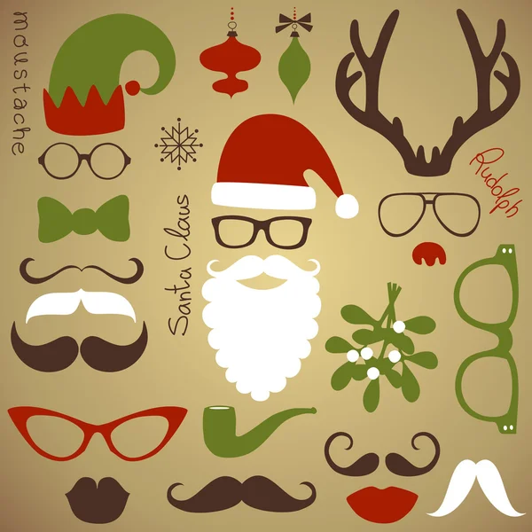 Set fiesta retro - barba de Papá Noel, sombreros, cuernos de ciervo, arco, gafas, labios, bigotes — Vector de stock