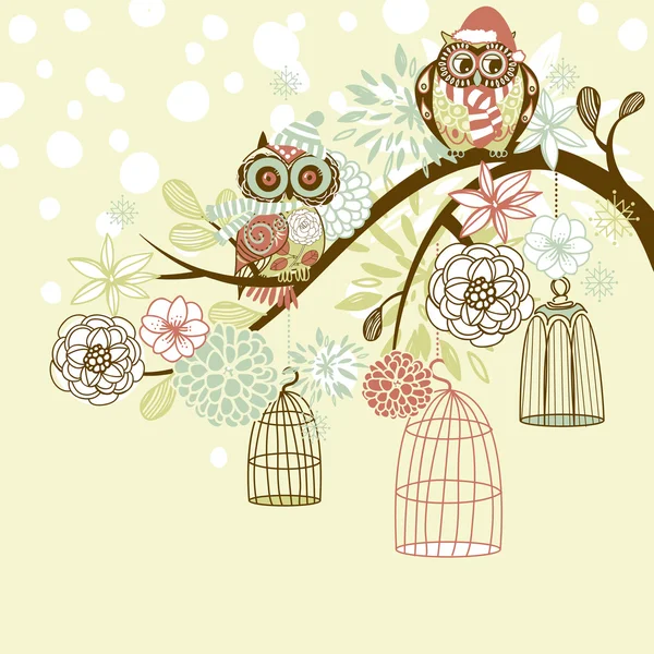 猫头鹰冬季花卉背景。从他们的笼子概念矢量猫头鹰 — 图库矢量图片