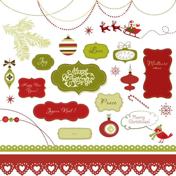 Een set van Kerstmis scrapbook elementen, vintage frames, linten, ornamenten — Stockvector