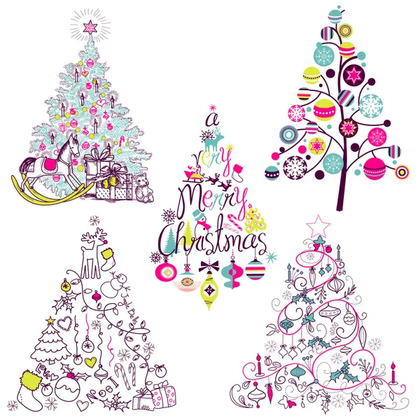 Collection d'arbres de Noël. Vintage, rétro, mignon, calligraphique - tous types d'arbres dessinés à la main — Image vectorielle