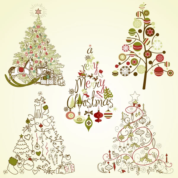 クリスマス ツリーのコレクションです。手描きの木のすべてのタイプ、かわいいレトロ ビンテージ、書道- — ストックベクタ