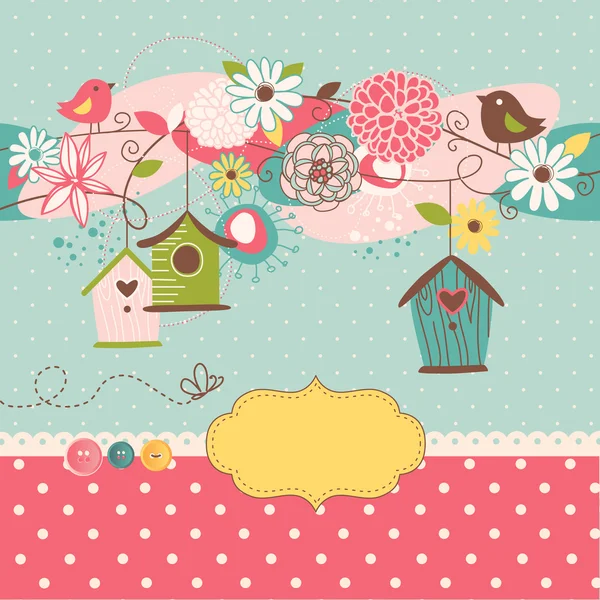 Beautiful Spring background with bird houses, birds and flowers — Stock Vector