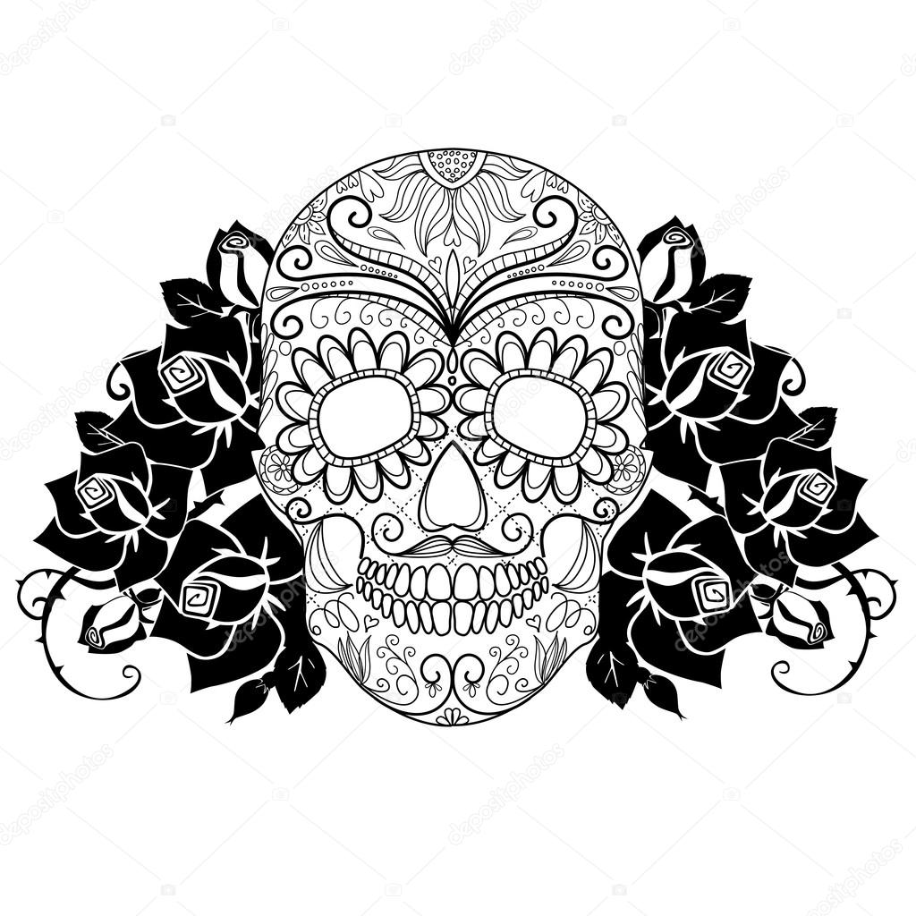 Skull and roses, black and white Day of the Dead card