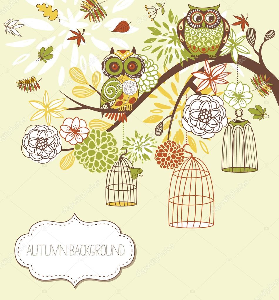 Owl autumn floral background. Owls out of their cages concept vector