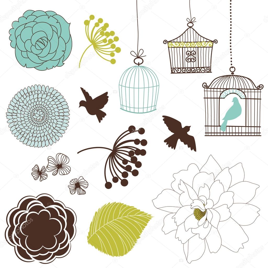 Set of birds, flowers and birdcages