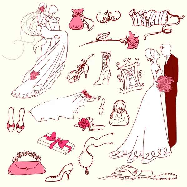 Ensemble de mariage de mignons gribouillis glamour — Image vectorielle