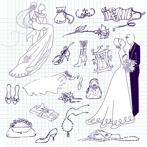 Conjunto de casamento de doodles glamourosas bonito — Vetor de Stock