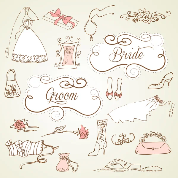 Bruiloft set schattig glamoureuze doodles en frames — Stockvector