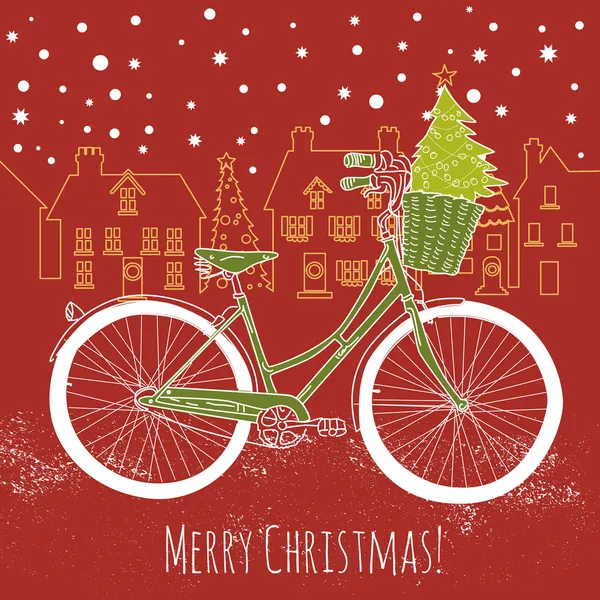 Christmas postcard. Riding a bike — Stock Vector