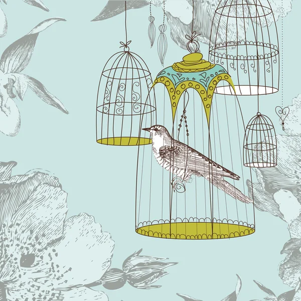 Carte avec un oiseau dans la cage — Image vectorielle