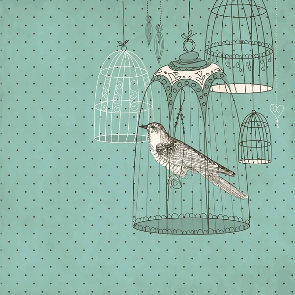 Kort med en fågel i bur — Stock vektor