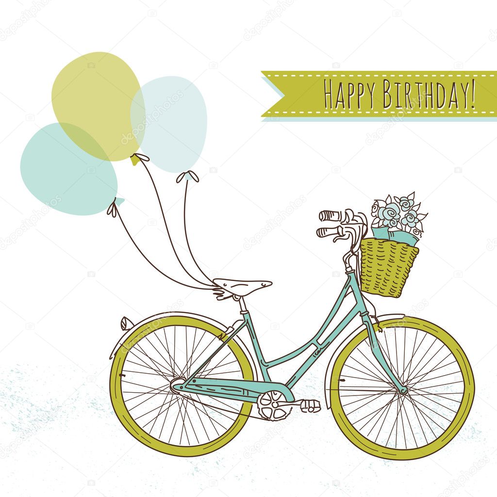 Birthday card. Bicycle with balloons